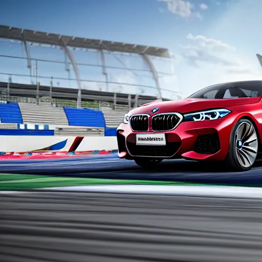 Prompt: a brand new bmw concept hot hatchback driving fast on a trackmania stadium track