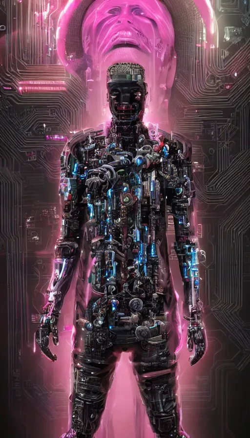 Image similar to full body head to toe portrait of a cyberpunk sci-fi cyborg netrunner bionic man, third person, D&D, sci-fi fantasy, matrix , intricate, black with shiny silver and pink fringe highlights, highly detailed, art by Range Murata, highly detailed, 3d, octane render, bright colors, digital painting, trending on artstation, sharp focus, illustration style of Stanley Artgerm, dramatic background