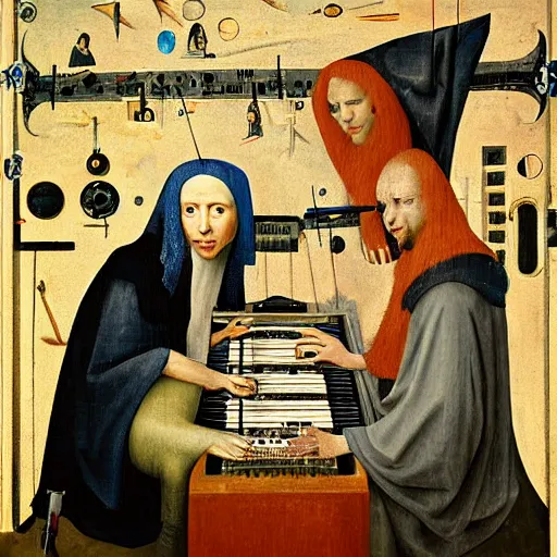 Prompt: three electronic musicians painted in the style of Hieronymus Bosch