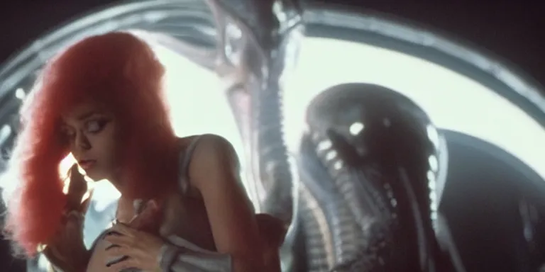 Prompt: film still of doja cat in Alien, xenomorph holding onto her tight, full-shot, 4k