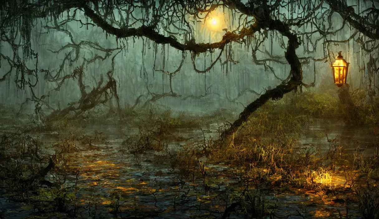 Image similar to swamp at night, stars, path, lanterns, torches, fireflies, bioluminescence, vines, fire, stream, fog, insane details, intricate, elite, ornate, elegant trend, highly detailed and intricate, sharp focus, photography, unreal engine, trending on artstation, photorealistic, octane, hyper detailed, trending on deviantart,