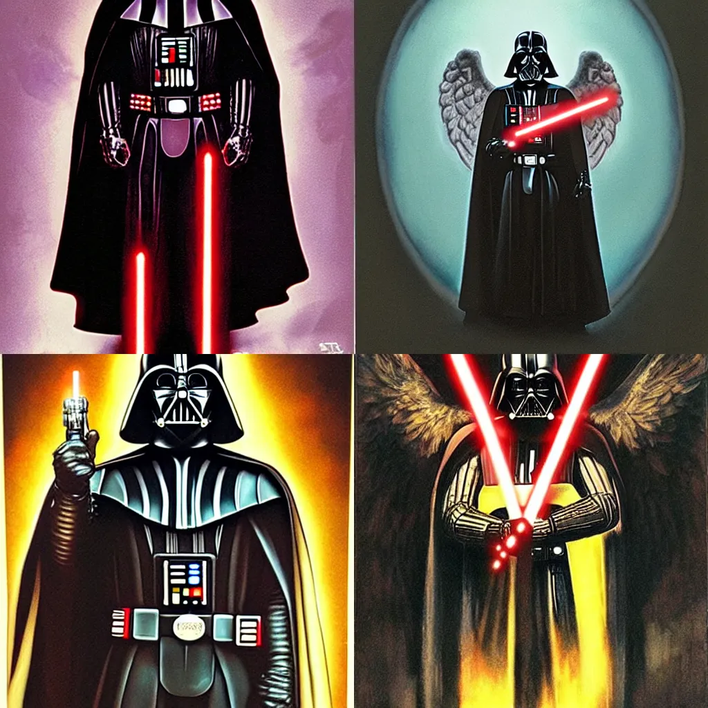 Prompt: Darth Vader with angel wings, style by Drew Struzan