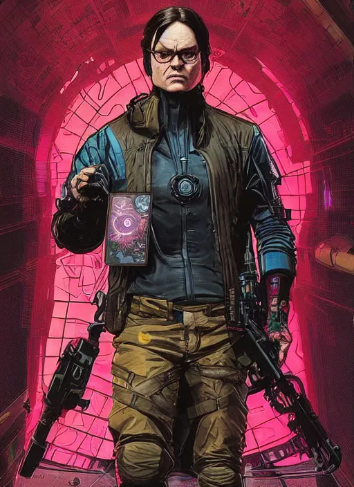 Prompt: cyberpunk dwight schrute. portrait by ashley wood and alphonse mucha and laurie greasley and josan gonzalez and james gurney. spliner cell, apex legends, rb 6 s, hl 2, d & d, cyberpunk 2 0 7 7. realistic face. vivid color. dystopian setting.