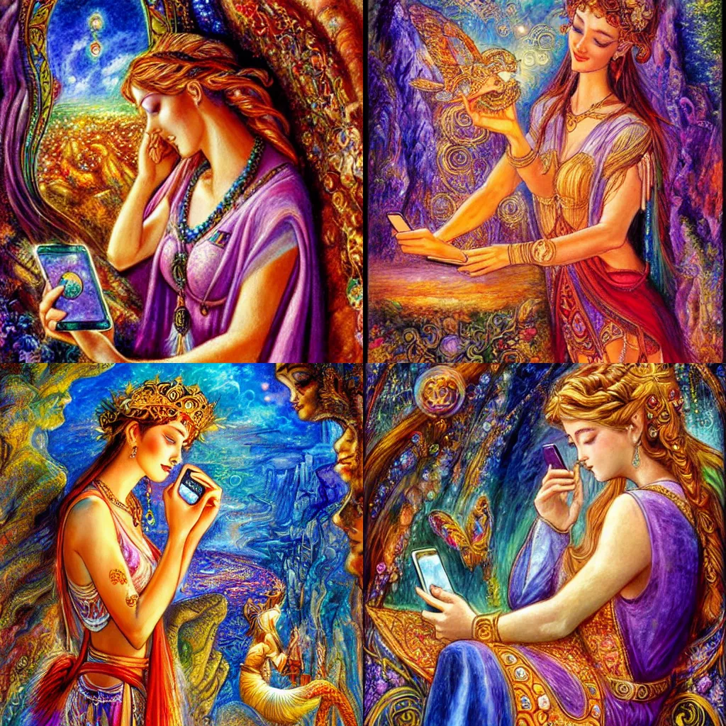 Image similar to goddess checking her phone, by josephine wall