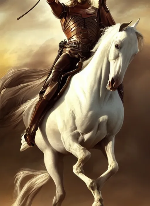 Image similar to the first horseman of the apocalypse riding a white stallion, horse is up on it's hindlegs, the rider looks like jesus, artwork by artgerm and rutkowski, breathtaking, dramatic