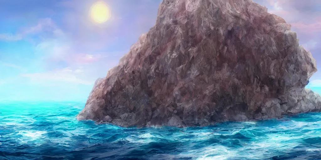 Image similar to sheer rugged crystal rose coloured quartz cliff, viewed from the ocean, illustration, bright sunlight, sun glints, sunrays, digital art, hyperrealistic, oil painting, fantasy, 8 k, trending on artstation, detailed