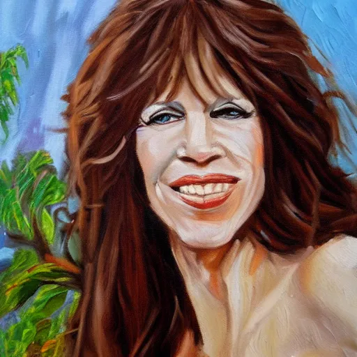 Image similar to expressive oil painting of carly simon, portrait, nostalgic, outdoors, plants