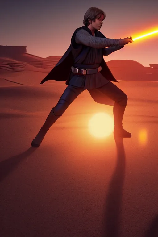 Image similar to luke skywalker wielding a lightsabre in a heroic pose against a tattooine sunset, dramatic lighting, octane render