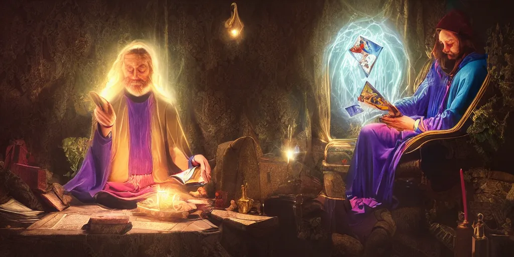 Image similar to wizard performing a tarot reading, cards, fantasy, digital art, soft lighting, 8 k