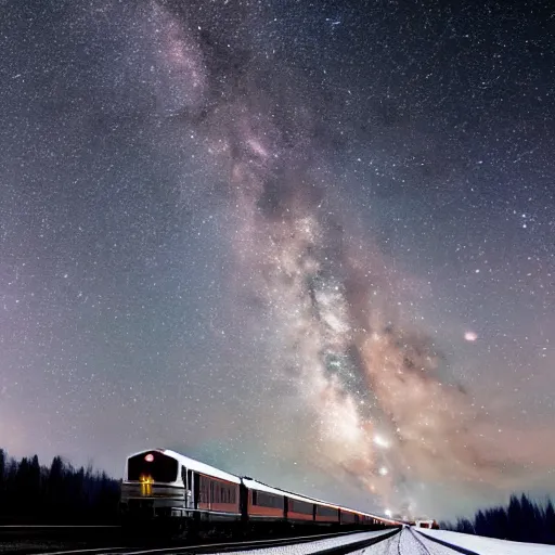 Prompt: a night train rushes through the milky way, winter