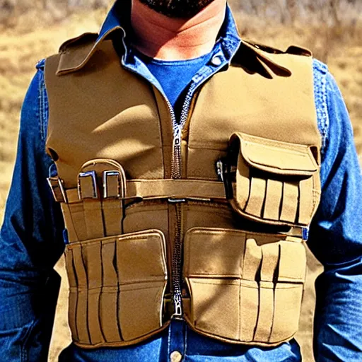 Prompt: cargo buckskin jacket buckskin tactical toolbelt pockets bandolier