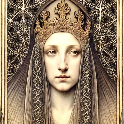 Prompt: detailed realistic beautiful young medieval queen face portrait by jean delville, gustave dore and iris van herpen, art forms of nature by ernst haeckel, art nouveau, symbolist, visionary, gothic, pre - raphaelite, fractal lace, surreality, horizontal symmetry, intricate details