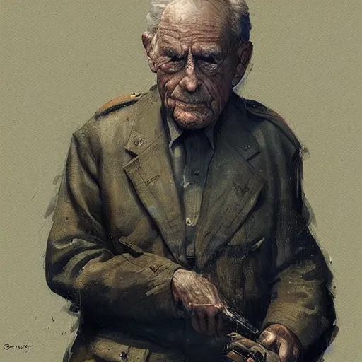 Image similar to old man portrait, ww 2 hand grenade in his left hand, he pulling pin, greg rutkowski art