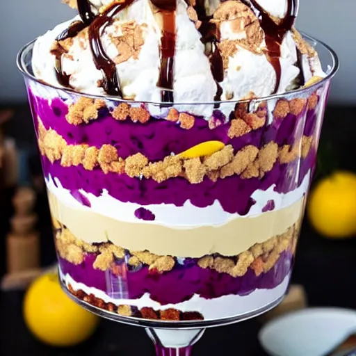 Prompt: tallest ice cream sundae trifle ever, surrounded by crowd, flash photography