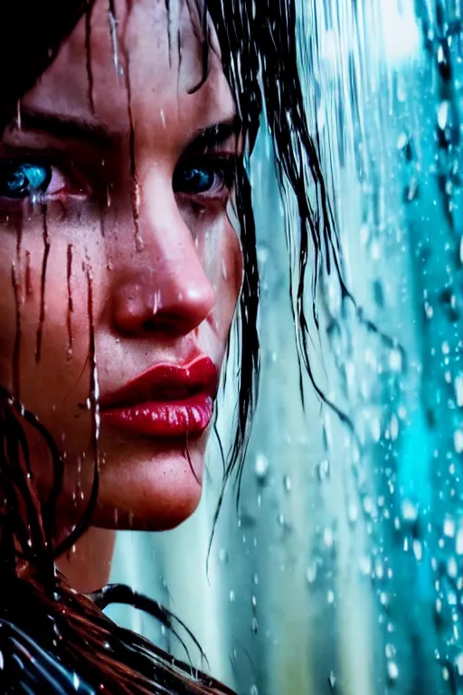 Image similar to cinestill 5 0 d candid action photographic portrait by quentin tarantino of lara croft in treacherous waters, extreme closeup, modern cyberpunk retrofuturism moody emotional cinematic, pouring iridescent rain, 8 k, hd, high resolution, 3 5 mm, f / 3 2, motion blur, ultra realistic faces, ex machina 8 k