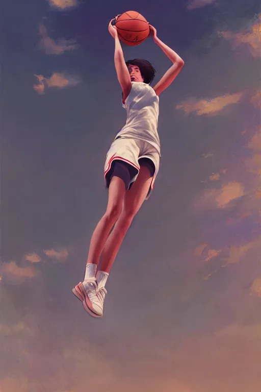 Image similar to A ultradetailed beautiful panting of a girl dunking a basketball, Oil painting, by Ilya Kuvshinov, Greg Rutkowski and Makoto Shinkai