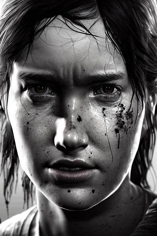 Image similar to ultra realistic facial portrait of ellie from the last of us part 2, digital art, character portrait, highly detailed, trending on artstation, lens flare, atmosphere, hyper realistic, cinematic lightning, sharp focus, unreal engine 5, extreme details perfect face, pretty face, fine - face, illustration, 8 k, ultra texture