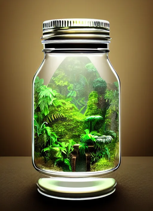 Prompt: a lush jungle inside a vintage glass jar, photo realistic, studio lighting, jurassic world