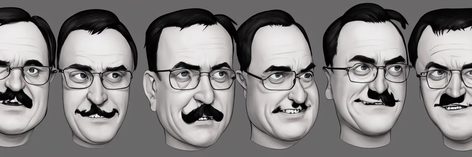 Prompt: character face study of laughing mike patton and adolf hitler, clear, evil, glasses, frantic, character sheet, fine details, concept design, contrast, kim jung gi, da vinci and pixar, trending on artstation, 8 k, 3 6 0 head, turnaround, front view, back view, ultra wide angle