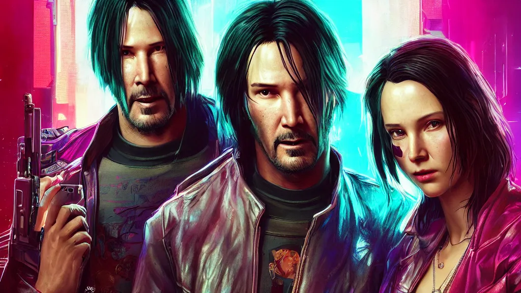 Prompt: a cyberpunk 2077 srcreenshot couple portrait of a Keanu Reeves holding a female androids,love,film lighting,by Laurie Greasley,Lawrence Alma-Tadema,Dan Mumford,John Wick,Speed,Replicas,artstation,deviantart,FAN ART,full of color,Digital painting,face enhance,highly detailed,8K,octane,golden ratio,cinematic lighting