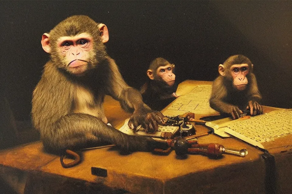 Prompt: a beautiful still life painting of an Akai MPC-60 and a monkey by Rembrandt, oil on canvas,