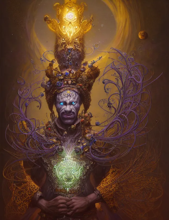 Image similar to front shot of a court jester character, hyperdimensional, bioluminescent hypercubes, ((intricate)), elegant, highly detailed, centered, (((artstation, concept art, smooth, sharp focus, artgerm, Tomasz Alen Kopera, Peter Mohrbacher, donato giancola, Joseph Christian Leyendecker, WLOP, Boris Vallejo))), mugshot!!!!!, ugly!!!!!!, octane render, nvidia raytracing demo, grainy, muted, 8K, digitalblasphemy