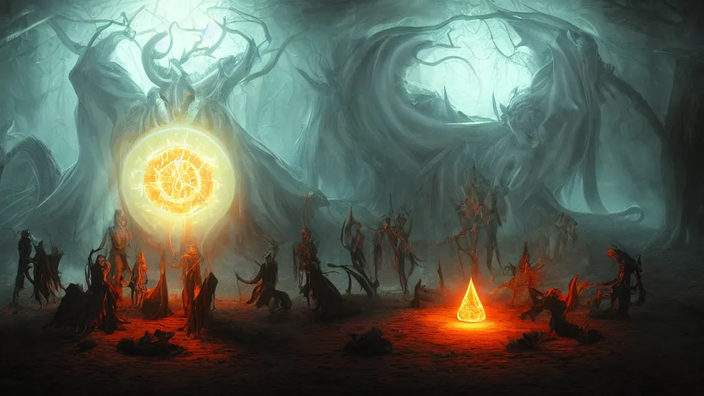 Prompt: mages in circle summoning an evil beast. lighting, flux, demons, dramatic, horror. fantasy, digital painting, hd, highly detailed.