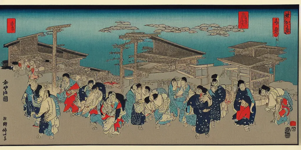 Prompt: Hog Heaven, woodblock print by Hiroshige