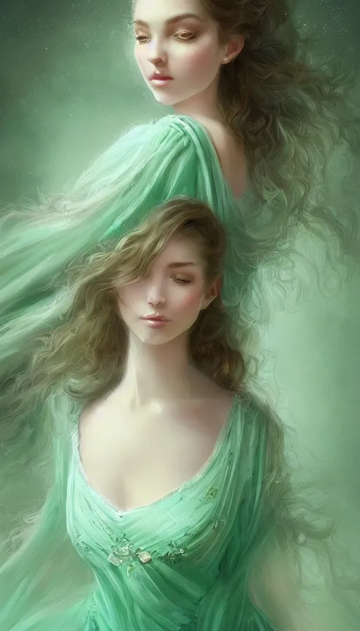 Image similar to Portrait of dreamy and ethereal women with light green eyes wearing mint green ornate frilly dress, peaceful expression, fantasy, intricate, elegant, beautiful, digital art, beautiful dynamic lighting, golden ratio, highly detailed, digital painting, trending on artstation, concept art, smooth, sharp focus, illustration, photo realistic, art by artgerm and greg rutkowski and alphonse mucha 8K