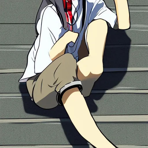 Image similar to high schooler wearing a school uniform sitting on concrete steps, smoking a cigarette, digital art, detailed, anime