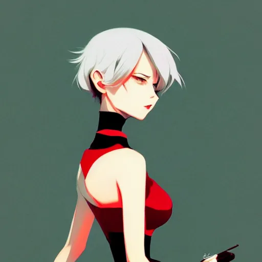 Prompt: elegent girl with grey hair and green eyes, wearing a red and black color dress, in the style of and ilya kuvshinov and greg rutkowski, high quality anime artstyle, intricate