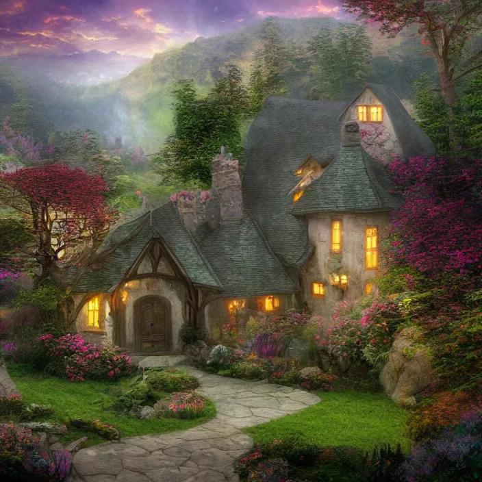Prompt: house in lord of the rings in the style of thomas kinkade as a photography