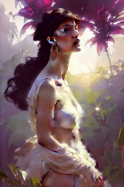 Prompt: art by artgerm, craig mullins and greg rutkowski. a beautiful elegant and grace female sorrounded by tropical plants!! renaissance noble costume, octane render, vivid colors, artstation, by jeremy mann, by alphonse mucha, by boris vallejo. delicate features. bright white. ultra realistic. ultra clear detailed