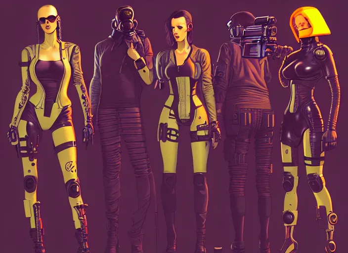 Image similar to cyberpunk hazmat tactical squad. portrait by stonehouse and mœbius and will eisner and gil elvgren and pixar. character design. realistic proportions. cyberpunk 2 0 7 7 character art, blade runner 2 0 4 9 concept art. cel shading. attractive face. thick lines. the team. diverse characters. artstationhq.