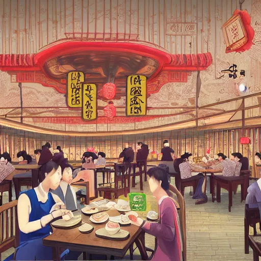 Image similar to a beautiful hyperdetailed interior 4 k hd wallpaper illustration of roasted string hotpot restaurant restaurant yan'an, corner, simple style, wall painting, from china, with merchant logo, people are eating kebabs, fine delicate structure, surrealistic, chinese style, victo ngai