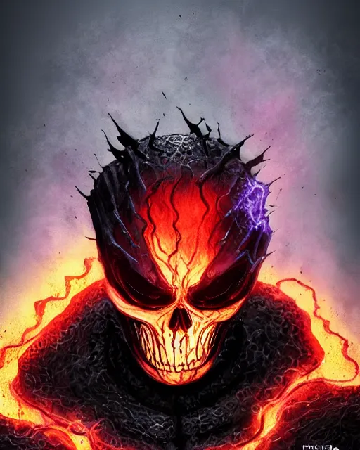 Image similar to ghost rider symbiote, purple and red variant, dynamic lighting, fantasy concept art, trending on art station, stunning visuals, creative, cinematic, ultra detailed, comic strip style