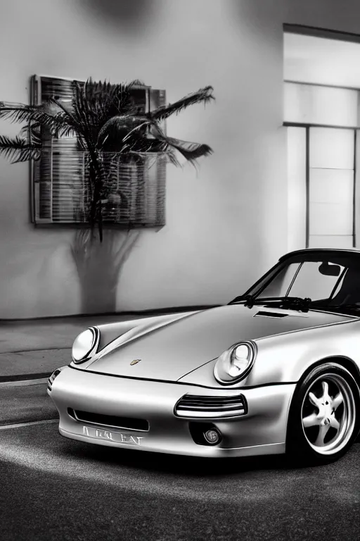 Image similar to Photo of a silver Porsche 911 Carrera 3.2, daylight, dramatic lighting, award winning, highly detailed, 1980s Versace ad, Fashion photography, trending on artstation.