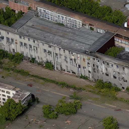 Image similar to top down aerial view of dilapidated high school with office buildings in the streets in real life, desolate with zombies, dilapidated, zombies in the streets, nightmarish, some rusted style parked vehicles, sunny weather, few clouds, volumetric lighting, photorealistic, daytime, autumn, sharp focus, ultra detailed, cgsociety