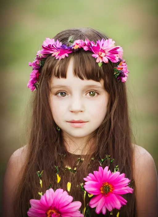 Prompt: portrait of a 6 year old woman, symmetrical face, flowers in her hair, she has the beautiful calm face of her mother, slightly smiling, ambient light