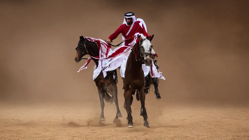 Prompt: one arab rider wearing a white and red arab keffiyeh riding one black horse running from left to right wide shot, cinematic, ultra real, 4 k, highly detail