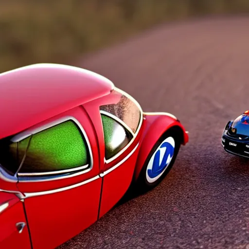 Image similar to promotional movie close - up of a ( volkswagen beatle ) car and insect lady bug hybrid. it is racing down a dusty back - road. cinematic, 4 k, imax, 7 0 mm