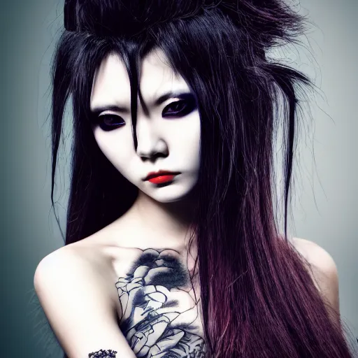 Image similar to japanese gothic model with maximalist hair style and kanji tattoos, dark colors, fashion model, portrait shot, depth of field, 8 k, hyper detailed, intricate, trending on artstation