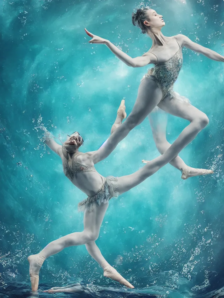 Image similar to a beautiful hyperdetailed rendering of a extremely cohesive underwater ballerina lyrical dancer weightless and drowning, ultrawide angle, aquasixio