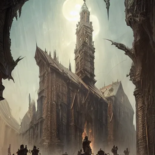 Image similar to epic masterpiece of cinematographic hyperrealism where a group of archeologists appears in front of a large vampire tower. realistic shaded lighting poster by craig mallismo, artgerm, jeremy lipkin and michael garmash, unreal engine, radiant light, detailed and intricate environment, digital art, art station trends, horror, night, darkness