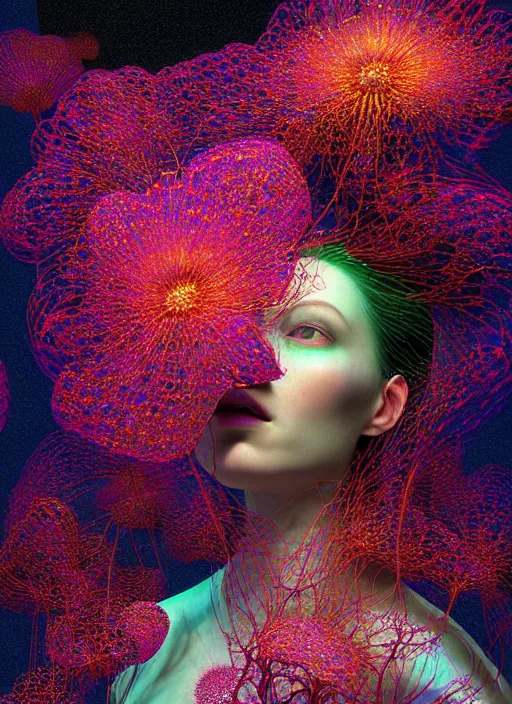 Image similar to hyper detailed 3d render like a painting - Aurora (Singer) seen Eating of the Strangling network of yellowcake aerochrome and milky Fruit and Her delicate Hands hold of gossamer polyp blossoms bring iridescent sloppy fungal flowers whose spores black the foolish stars by Jacek Yerka, Mariusz Lewandowski, Houdini algorithmic generative render, Abstract brush strokes, Masterpiece, Edward Hopper and James Gilleard, Zdzislaw Beksinski, Mark Ryden, Wolfgang Lettl, hints of Yayoi Kasuma, octane render, 8k