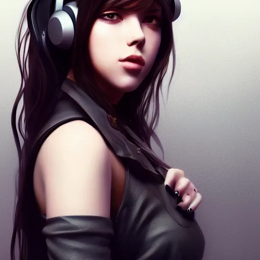 Image similar to beautiful full portrait of a girl, brunette curvy long hair, full - body shot, wearing cyberpunk headphones, streetwear, like a fashion model + high detailed, resolution beautifully detailed landscape trending on artstation 8 k, cinematic, epic detailed trending on artstation 8 k, by bukurote + krenz cushart + ryota - h + wlop