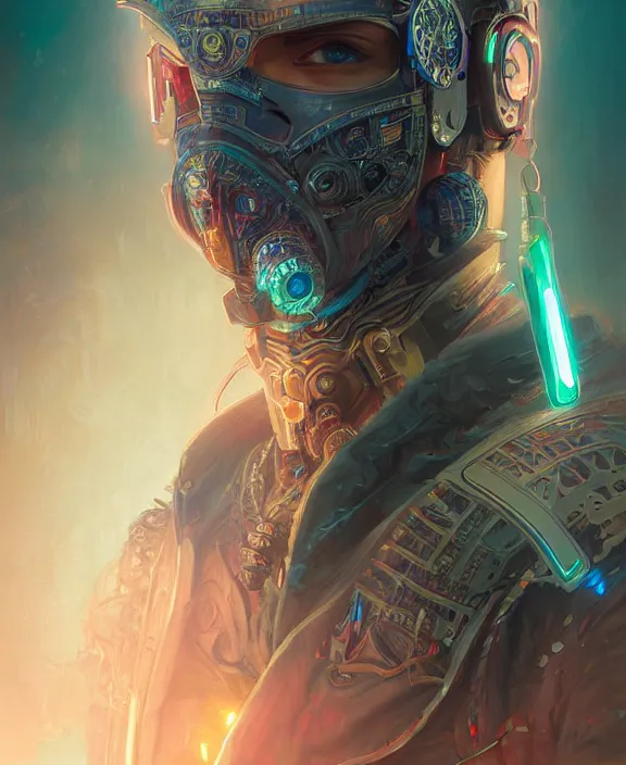 Image similar to portrait of a cyberpunk masked warrior, half body, glowin eyes, d & d, fantasy, intricate, elegant, highly detailed, colorful, vivid color, digital painting, artstation, concept art, art by artgerm and greg rutkowski and alphonse mucha and ruan jia