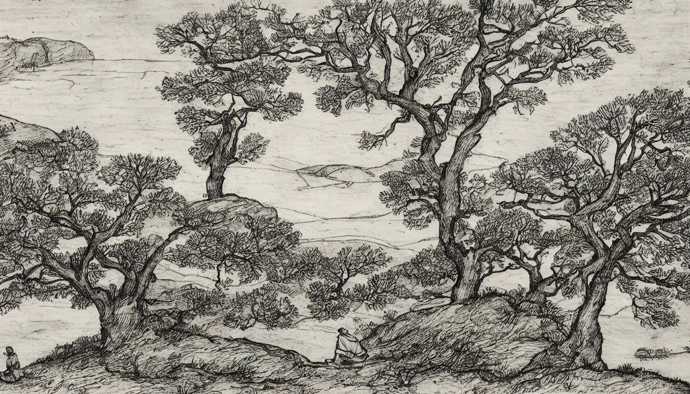 Image similar to a person sits on a hill overlooking a river, wind blown trees, pen and ink, 1 5 0 0 s, 8 k resolution