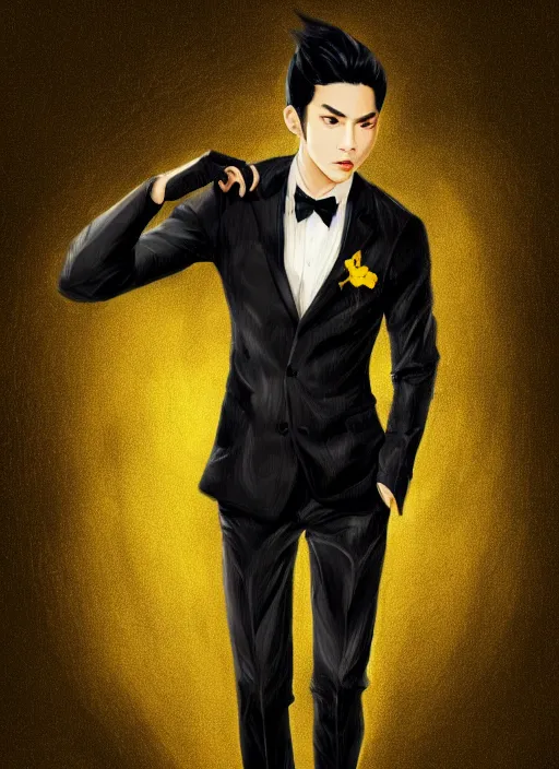 Image similar to a highly detailed illustration of young attractive black haired asian guy wearing black suit and tie with coattails, yellow eyes, dramatic elegant pose, strings background, intricate, elegant, highly detailed, centered, digital painting, artstation, concept art, smooth, sharp focus, league of legends concept art, wlop.