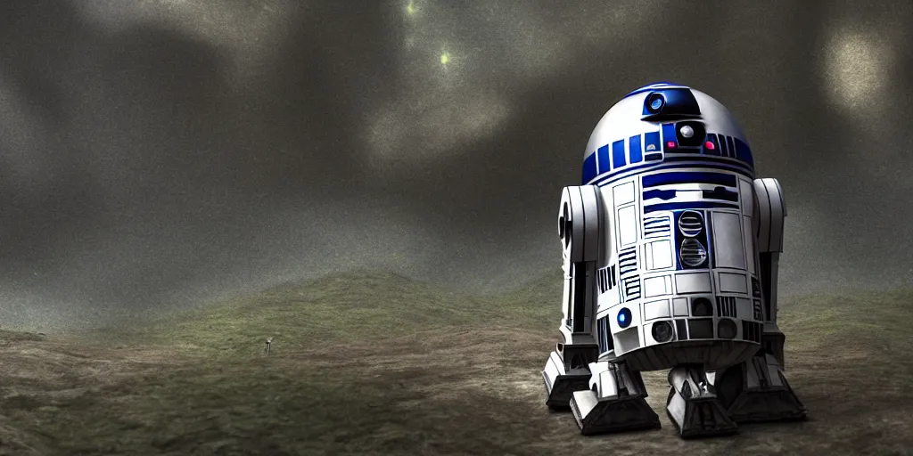 Image similar to R2D2 from Star wars, Landscape of Pandora, ultra realistic , HD, cinematic, Diffusion shading